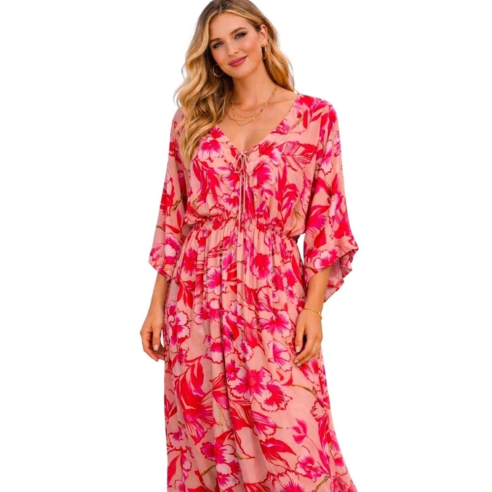 Onshore NWT Floral Maxi One Size Boho Resort Vacation 100% Rayon Dress Pockets
